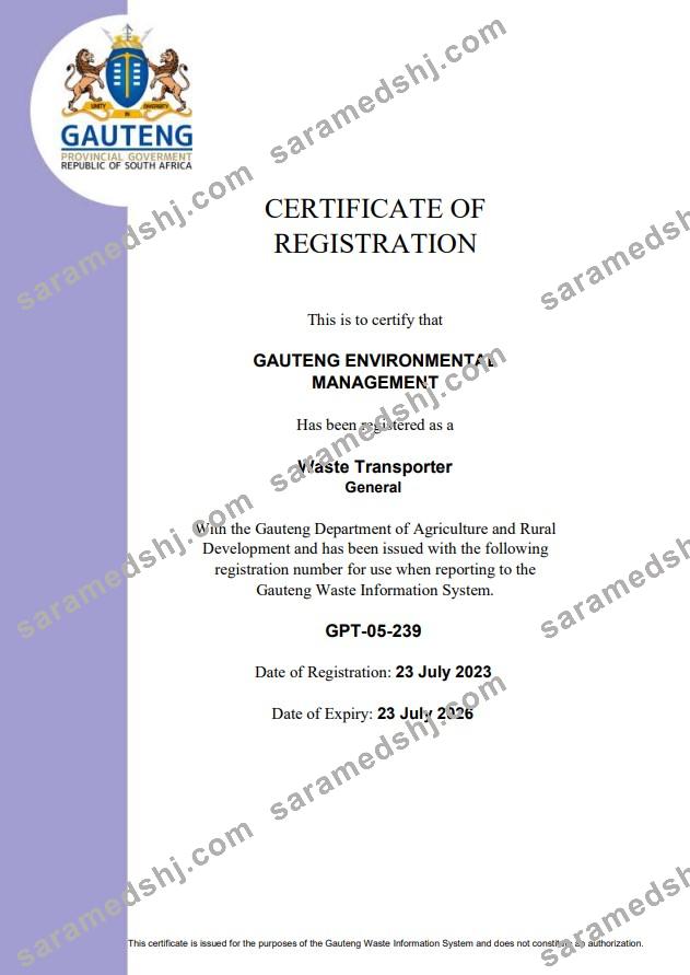 South Africa certificate of registration
